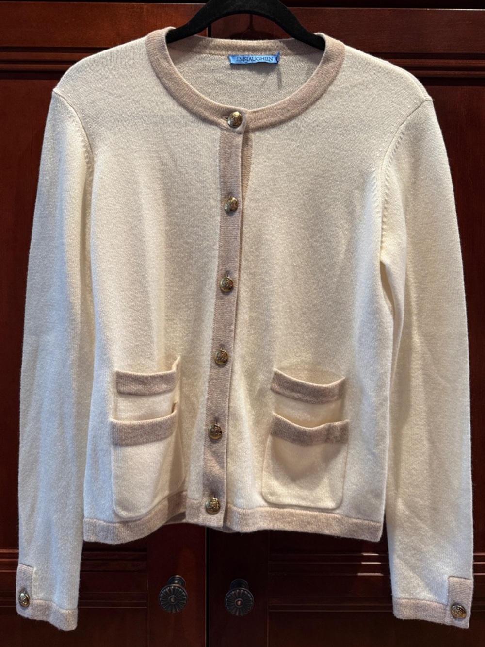 J. McLaughlin Cashmere Cream Cardigan with Beige Trim -